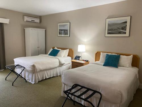 a hotel room with two beds and a lamp at Ocean View Hotel in Rocky Harbour