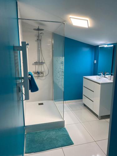une salle de bain avec une douche en verre et un lavabo dans l'établissement VILLA AVEC PISCINE, à Néoules