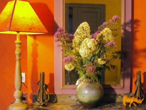 a vase of flowers on a table next to a lamp at Les Chambres des Dames in Rieux-Minervois