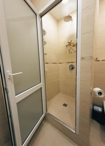 a shower with a glass door in a bathroom at Нові Апартаменти біля Софіївського Парка in Umanʼ