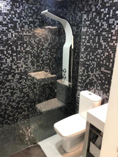 a bathroom with a shower with a toilet and a sink at Casa Velha Azeitona in Tábua