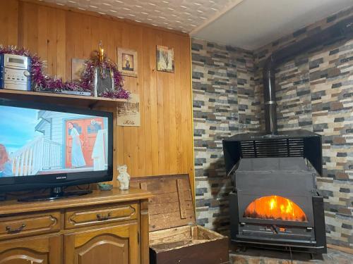 a living room with a fireplace and a television at Kućica za odmor '' Idila '' in Mitrovac