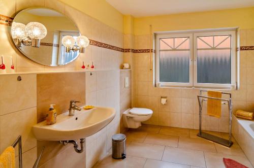 een badkamer met een wastafel, een toilet en een spiegel bij Haus mit Seeblick in Nenndorf