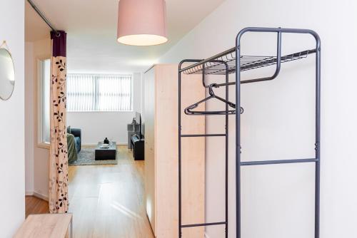 a loft apartment with a ladder and a living room at Cosy Apartment near Nottingham City Centre in Nottingham