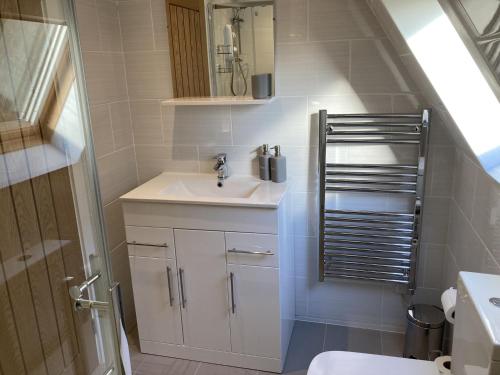 a small bathroom with a sink and a mirror at Lodge 24 in Spean Bridge