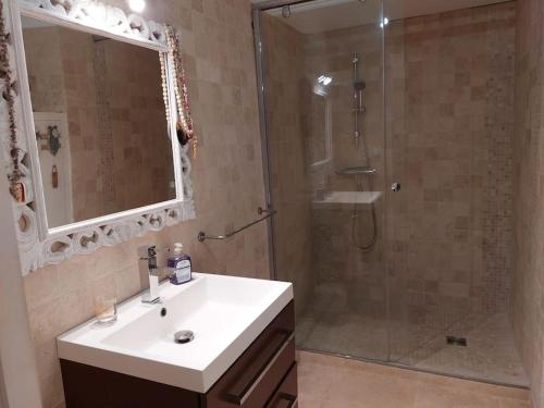 une salle de bain avec une douche et un lavabo et une douche dans l'établissement Heliotropes T3 avec terrasse -Axelle Loc'Appart, au Cannet