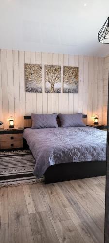 a bedroom with a bed and two pictures on the wall at OLENEVO Park Houses in Olenʼovo