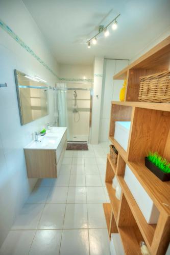 a bathroom with a sink and a shower at Seaview terrace, 2bedrooms, communal pool COGO1-1 in Sliema