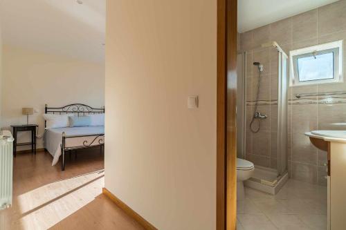 ein Bad mit einem Bett, einer Dusche und einem WC in der Unterkunft Casal do Porto in Vila Verde