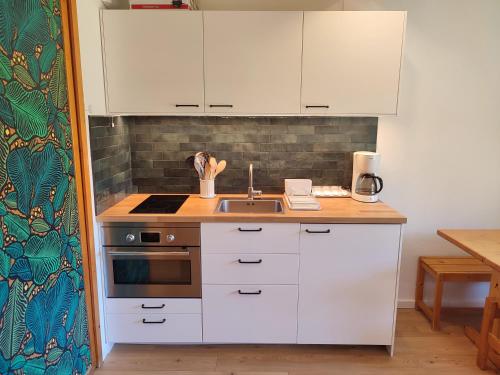 une cuisine avec des armoires blanches et un évier dans l'établissement Appartement La Canopée, à Gresse-en-Vercors