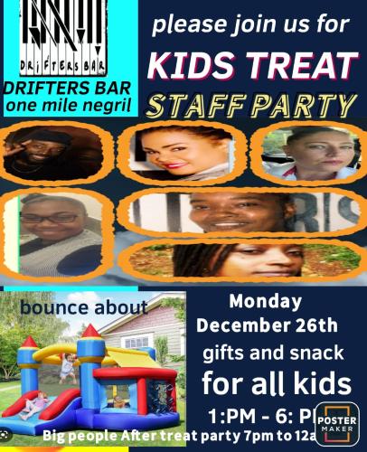 a flyer for a kids party with a poster at Drifters@One Mile in Negril
