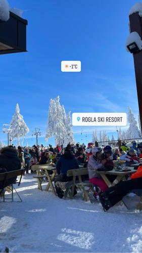 a crowd of people sitting at picnic tables in the snow at Boutique Tourist Farm Hrovat in Frankolovo