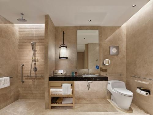 a bathroom with a toilet and a sink and a mirror at Hilton Shanghai Songjiang Guangfulin in Songjiang