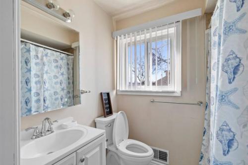 baño con aseo y lavabo y ventana en Modern Cozy 1 Bedroom Apartment in Shelby Township en Shelby