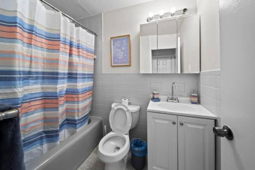 La petite salle de bains est pourvue de toilettes et d'un lavabo. dans l'établissement Stylish cozy 1 Bedroom Apartment in Ferndale MI, à Ferndale