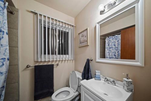 La salle de bains est pourvue de toilettes, d'un lavabo et d'un miroir. dans l'établissement Modern Cozy 1 Bedroom Apartment in Shelby Township, à Shelby