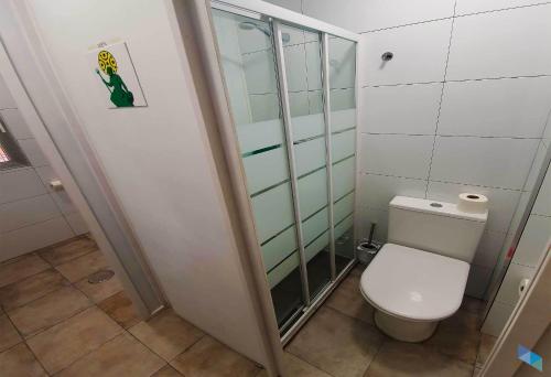 a bathroom with a toilet and a glass shower at Alojamientos Cantíber in Santander