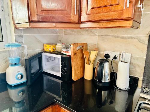 a kitchen counter with a counter top with a microwave at Ocean Oasis 2Br Condo in Dar es Salaam