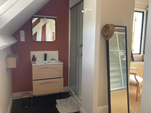 une salle de bain avec un lavabo et un miroir dans l'établissement villa 7 chambres piscine 35 mn Paris, à Verneuil-sur-Seine