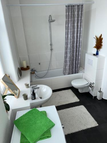 e bagno con lavandino, servizi igienici e doccia. di Roam Sweet Roam - private Zimmervermietung a Rostock