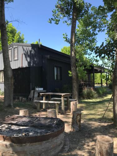 - un bâtiment noir avec une table de pique-nique et un grill dans l'établissement El Trueque Ranch, à Santa Coloma
