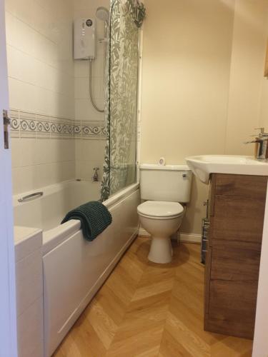 a bathroom with a tub and a toilet and a sink at Oldwood Place Townhouse in Livingston