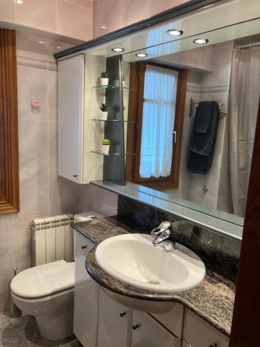 Un baño con lavabo, inodoro y espejo. en Urumea Apartamento, en Goizueta