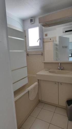 une petite salle de bain avec un lavabo et un miroir dans l'établissement Location Mer Azur Sud, à Gassin