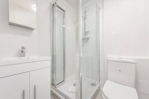 a white bathroom with a shower and a toilet at 2 Bed Piccadilly Apartment- 4 in London