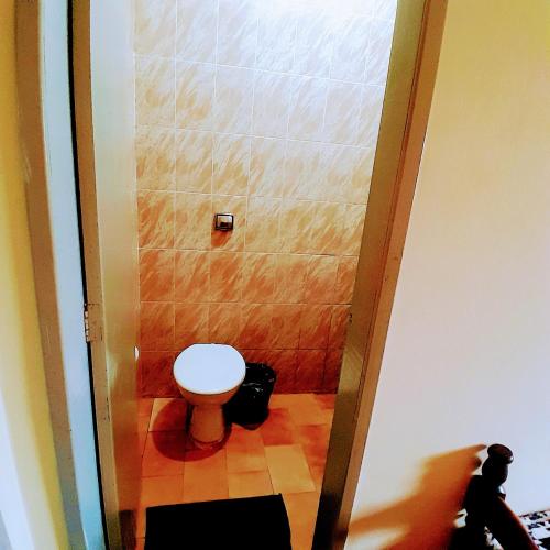Hotel River Plaza في Rio Novo: حمام صغير مع مرحاض في الغرفة
