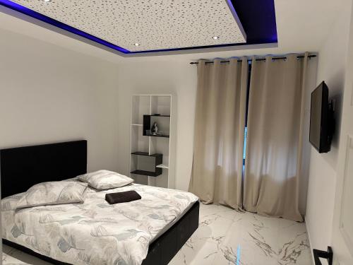 ein Schlafzimmer mit einem Bett und einem Fernseher in einem Zimmer in der Unterkunft Appartement T3 in Frontenex-Villard-Rosset