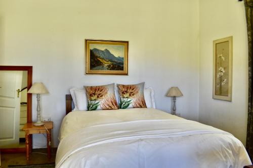 ein Schlafzimmer mit einem Bett mit zwei Katzen-Kissen in der Unterkunft Bamboo Mountain Farm in Underberg