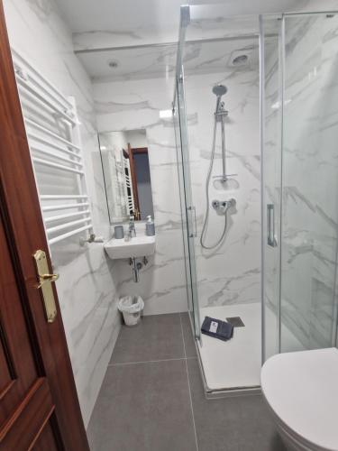 W łazience znajduje się prysznic i umywalka. w obiekcie Hospedaje Jose Rey w Santiago de Compostela