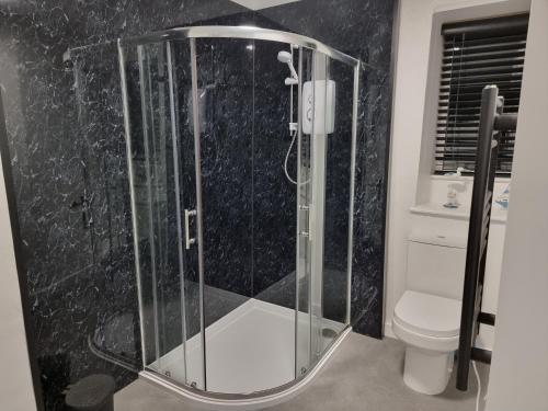a glass shower in a bathroom with a toilet at Poppy Cottage in Whitby