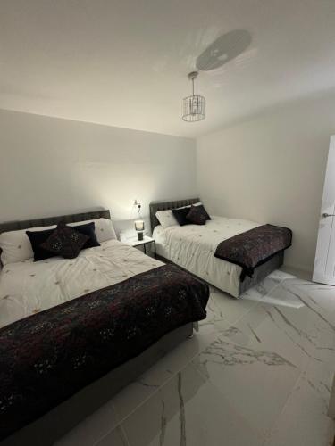伯恩利的住宿－Luxury Travis House，一间卧室配有两张床和一张带风扇的桌子。