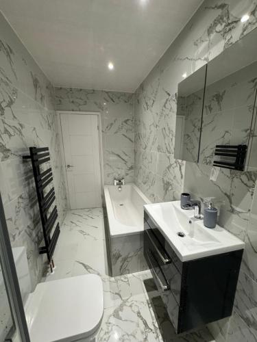 伯恩利的住宿－Luxury Travis House，一间带水槽、浴缸和卫生间的浴室