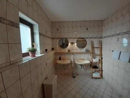 a bathroom with two sinks and a dog laying on the floor at Apartment Nadine Mljet in Okuklje