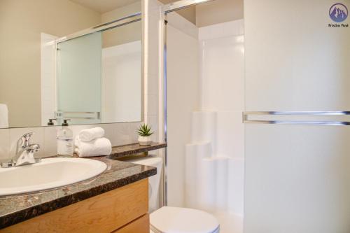 a bathroom with a sink and a toilet and a shower at Grotto Canyon Chalet in Canmore