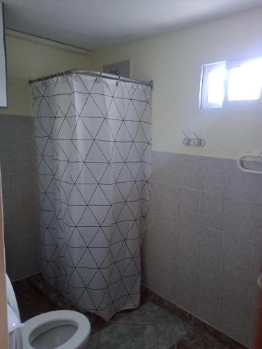 a bathroom with a toilet and a shower at Puerto Pirata in San Antonio Este