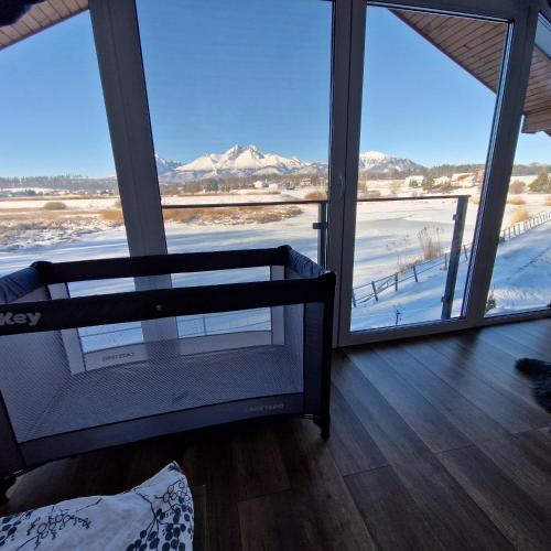 a room with a view of snow covered mountains at Chatka Panorama in Mlynčeky