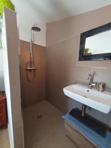 bagno con lavandino e doccia di Lou Pantai, Bed and breakfast, Double Bedroom ad Aix en Provence