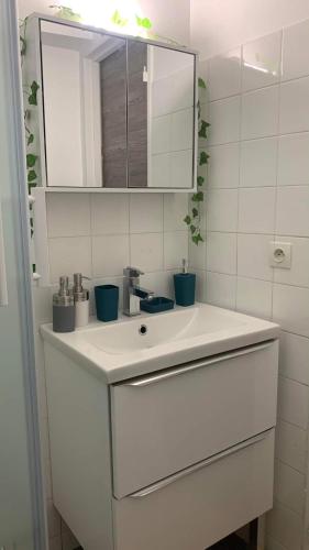 une salle de bain blanche avec un lavabo et un miroir dans l'établissement Studio 24m2 intra-muros, à Avignon