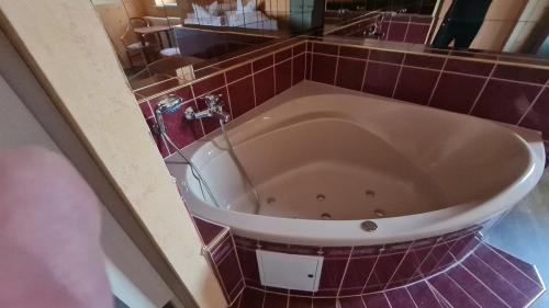 a bath tub in a bathroom with red tiles at Rathaushotel in Eibenstock