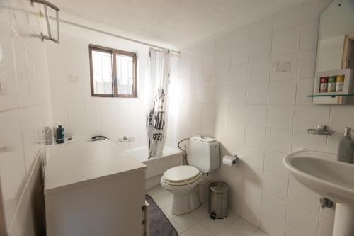 Baño blanco con aseo y lavamanos en Κατοικία Αυγερινού en Amfiklia
