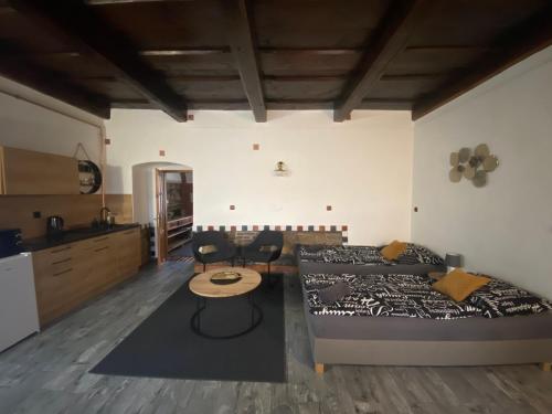 a living room with a bed and a kitchen at Apartmány Vila Lucia 2 in Plzeň