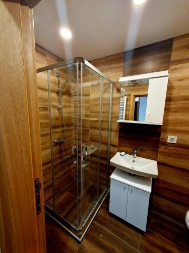 a bathroom with a glass shower and a sink at Apartman Felicita 2 in Zlatibor