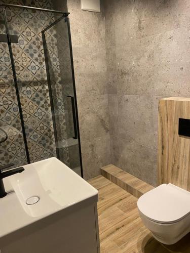 e bagno con servizi igienici e doccia. di Apartament Gdańsk Ujeścisko a Danzica