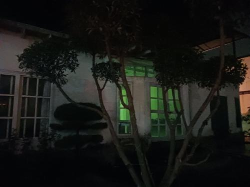 a building with a green window at night at Sun n moon farm in Noida