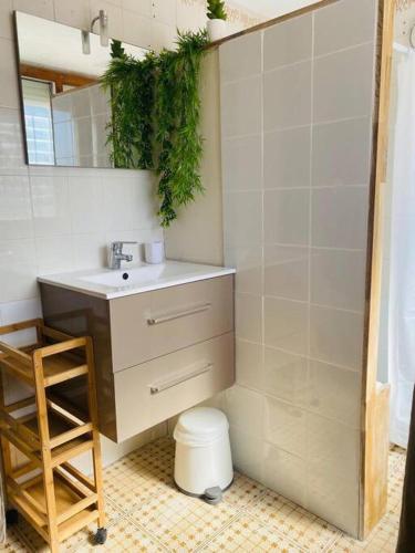 a bathroom with a sink and a toilet and a mirror at Maison Palamos La Fosca in Palamós