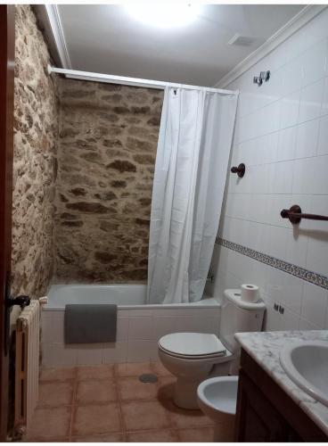 Pazo de San Lorenzo في بويبلا دي تريفيس: حمام مع مرحاض وحوض استحمام ومغسلة